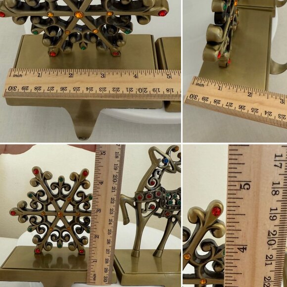 Reindeer Snowflake Metal Stocking Holder Set Christmas Mantel Hooks Gold Tone - Picture 5 of 16